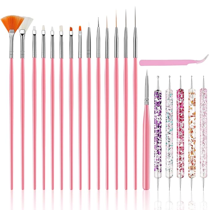 Nail Art Tools Set, Nail Art Kit for Beginners: 15 professional nail brushes for nail art, 5 precision dotting tools, 1 pink curved tweezers, Design Tools for Nail Tech & Beginners