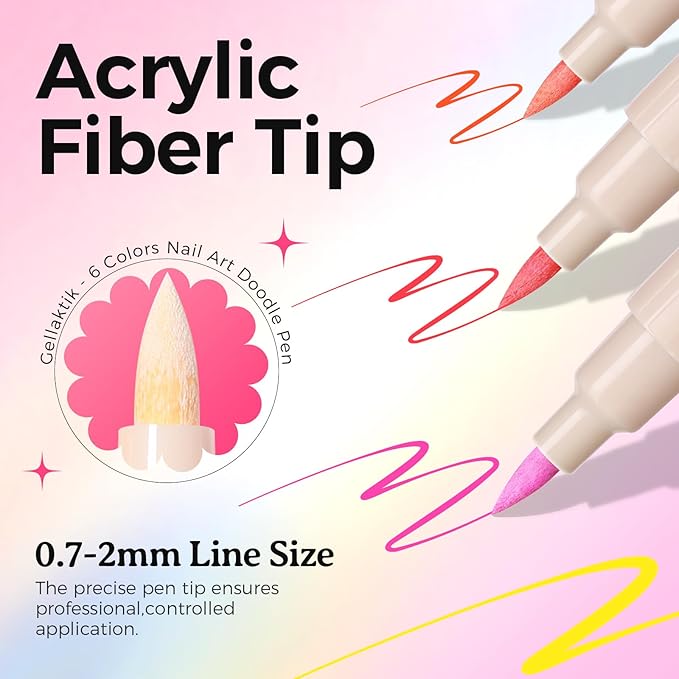 6 Colors Nail Art Pens Set, 3D Nail Polish Pens Quick-Drying Acrylic Paint Markers, Dotting Liner Brush for DIY Nail Design, Home & Salon Manicure Tools