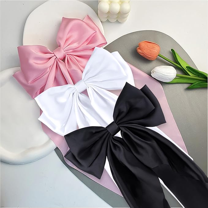 6Pcs Large Bows Hair Clips for Women Girls Long Tail Hair Ribbon Silky Satin Barrettes Coquette Bows Accessories (Black/Pink/White)
