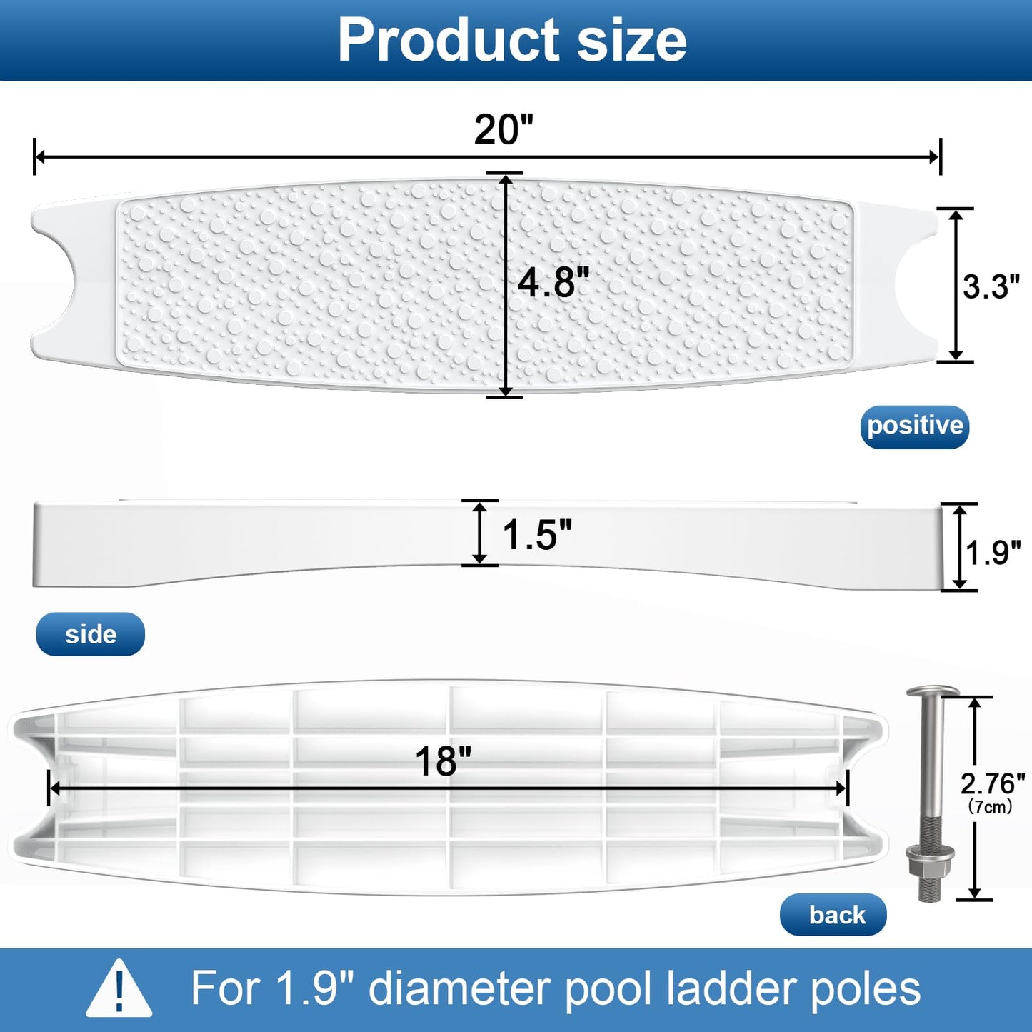 Goovilla Pool Ladder Steps Replacement, (3-Pack) 18" Universal Heavy-Duty Molded Plastic Swimming Pool Ladder Rung Step with 6 PCS Stainless Steel Bolts for Inground and Above Ground Pools, White