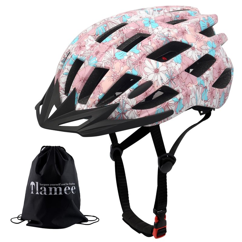 Adult Bike Helmets, Adjustable Mens Womens Bicycle Helmet, Lightweight Road Mountain Cycling Safety Sports Helmets with Detachable Visor Pink Flower L