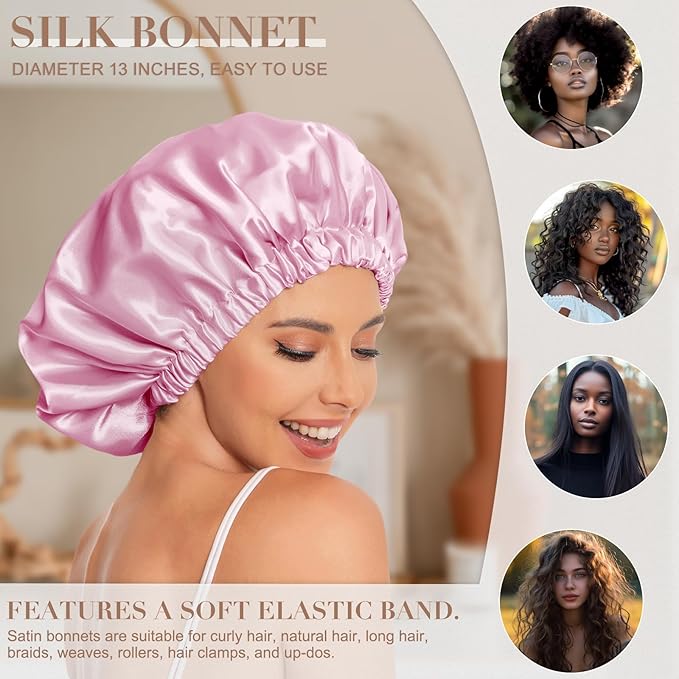 Satin Bonnet Silk Bonnet Hair Bonnet for Sleeping-Slouchy Beanie Hat Satin Sleep Cap for Women's Natural & Curly Hair(Dark Pink)