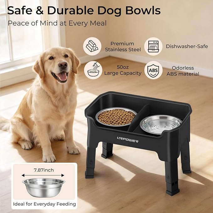 URPOWER Mess Proof Elevated Dog Bowls, High Wall Splash Guard Design, 4 Height Adjustable Raised Bowl Stand, 2 Large Stainless Steel Bowls, Non-Slip Food Water Set for Small Medium Large Dogs