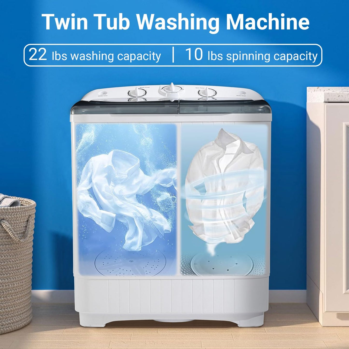Erivess 2-in-1 Twin Tub Portable Washing Machine, 22Lbs Wash 10Lbs Spin Cycle Capacity, Compact Laundry Washer with Spin Dryer for Household, Apartment, RV