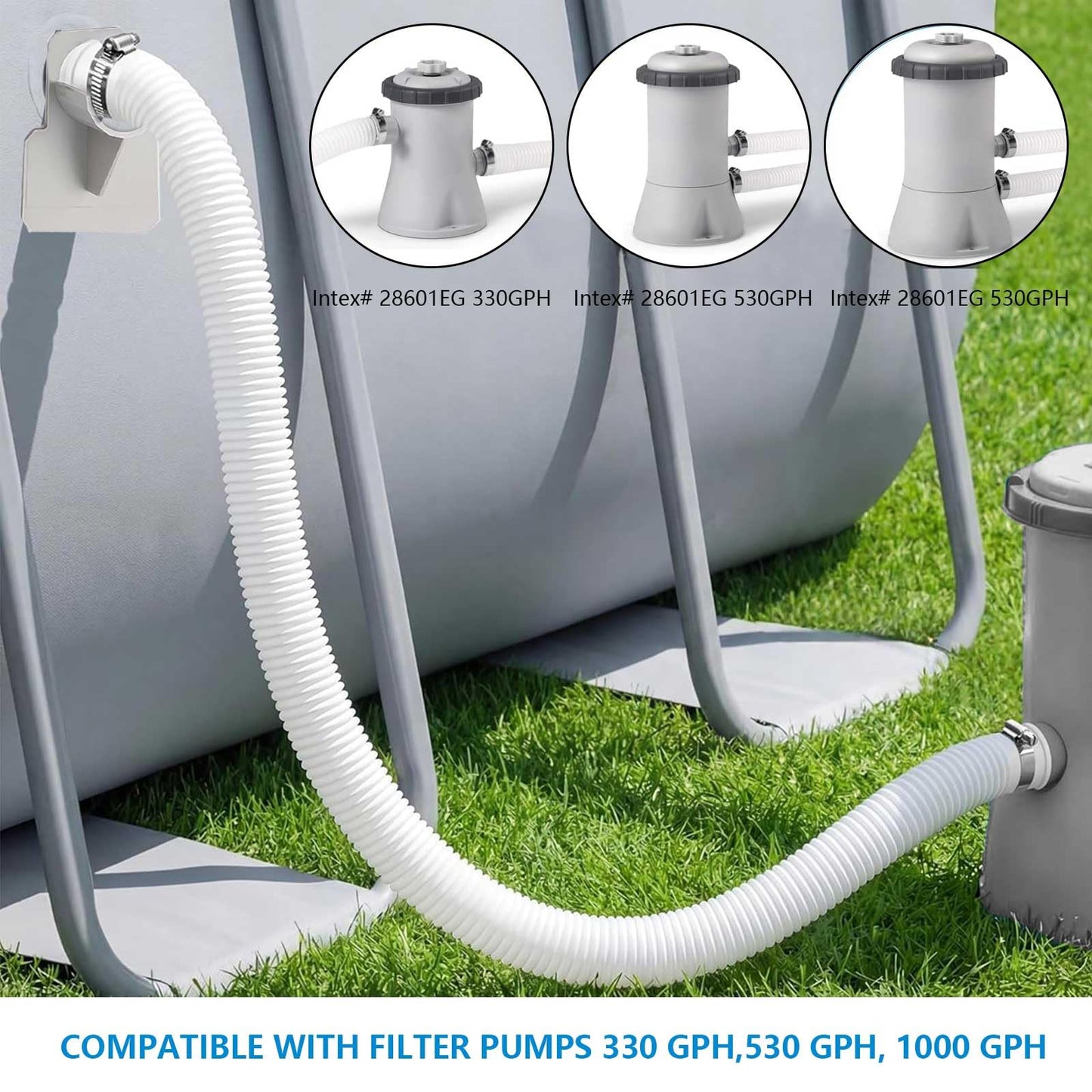 1-1/4" Pool Hoses Kit Replacement for Above Ground Pools – 1.25" Pool Filter Pump Hose with Hose Holders & Clamps Compatible with Intex Pool Filter Pump 607, 637 (White -2 Pack)