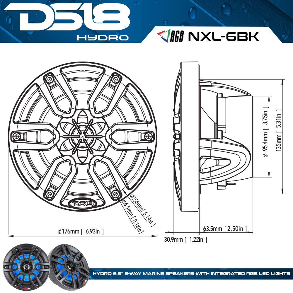 DS18 HYDRO NXL-6 - High End Coaxial Speaker Pair - 2-Way Marine Speaker w/Integrated RGB Lights - 300 Watt - 100% UV Stable - Water Resistant Speakers - 6.5 Inches, Black