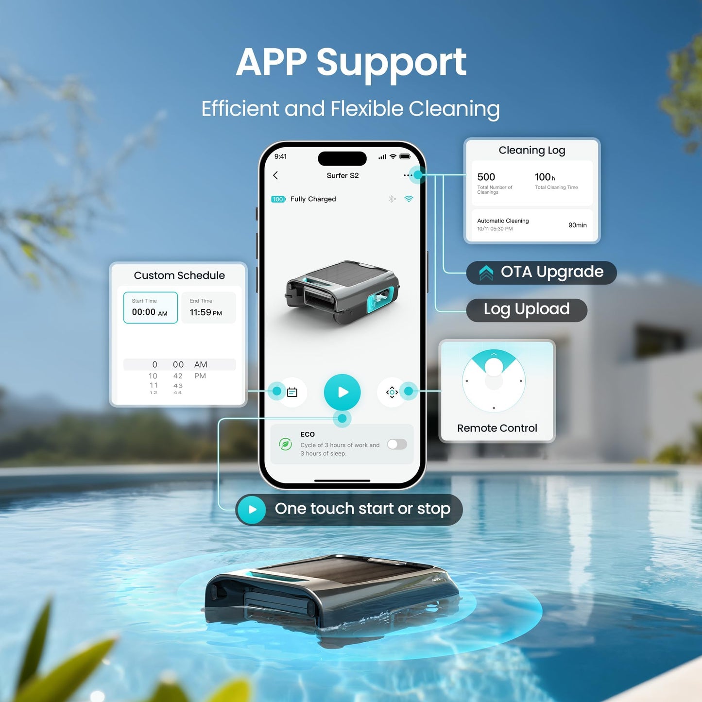 AIPER EcoSurfer S2 Solar Powered Pool Surface Skimmer Robot with APP Support, 24/7 Continuous Cleaning, Dual Charging Modes, Smart Obstacle Avoidance, 150-um Filtration, OTA Upgrade