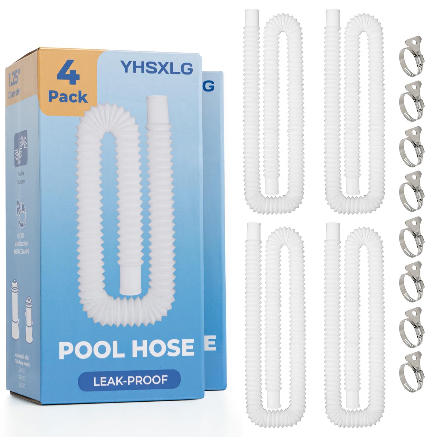Pool Hoses for Above Ground Pools, 4 Pack 1.25 Inch Pool Filter Pump Hoses, Compatible with Pool Filter Pump 607, 637 With 8 Metal Clamps