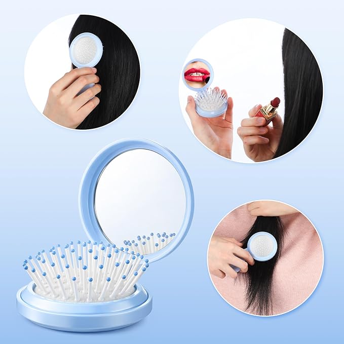 Boao 2 Pack Foldable Travel Mirror Hair Brushes Round Portable Folding Pocket Hair Brush Mini Comb Compact Travel Size Massage Comb for Men Women (Blue,Round)
