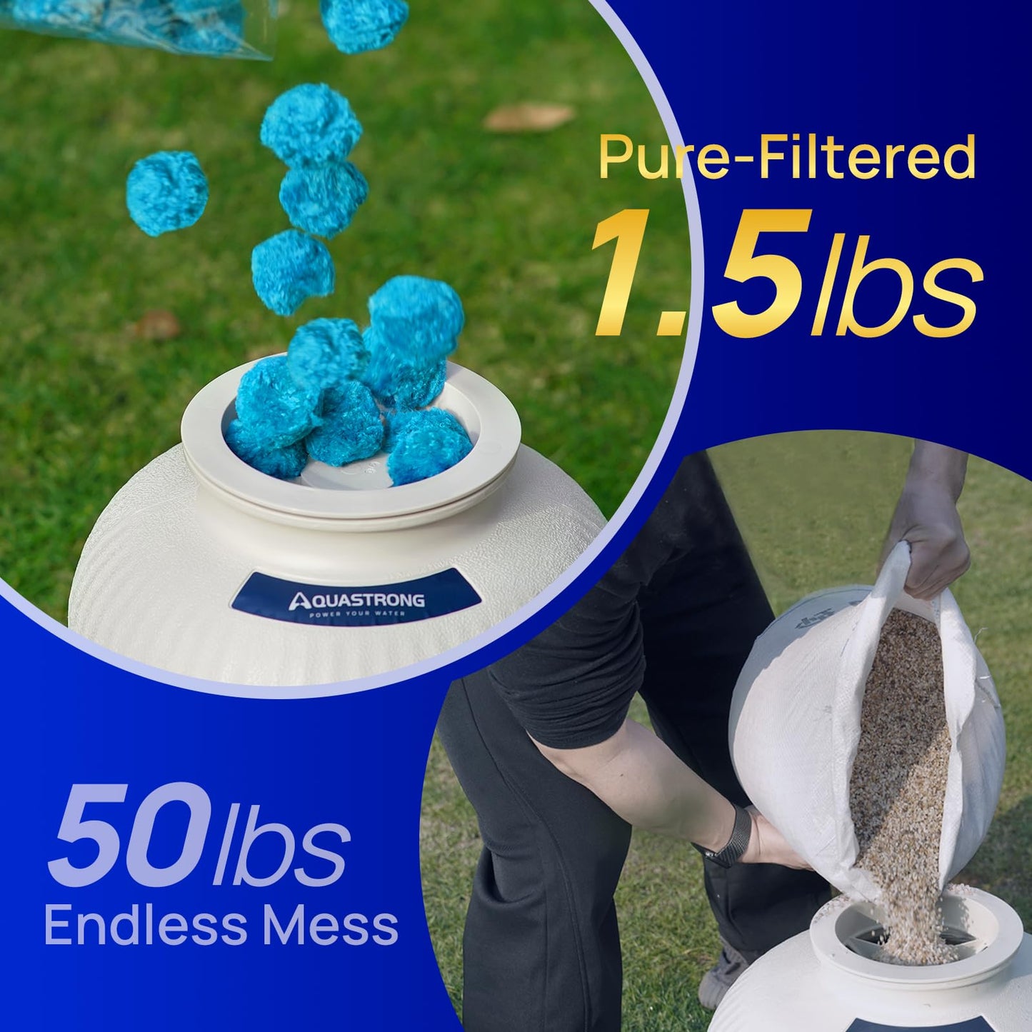 AQUASTRONG Pool Filter Balls for Sand Filter Pump, 1.5 lbs Reusable Sand Filter Balls (Replaces 50 lbs Pool Filter Sand), Efficient Blue Filter Balls for Swimming Pools, Filter Pumps, Aquariums