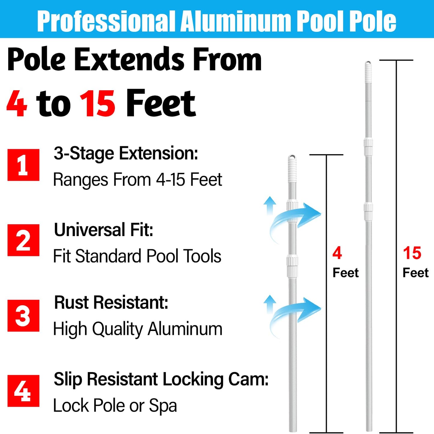 YEECHUN Professional 15 Foot Swimming Pool Pole Telescopic Aluminum Fits Pool Net Skimmer Rake Vacuum Head Brush Cleaning Equipment Heavy Duty,for Skimmer Nets, Vacuum Heads and Brushes