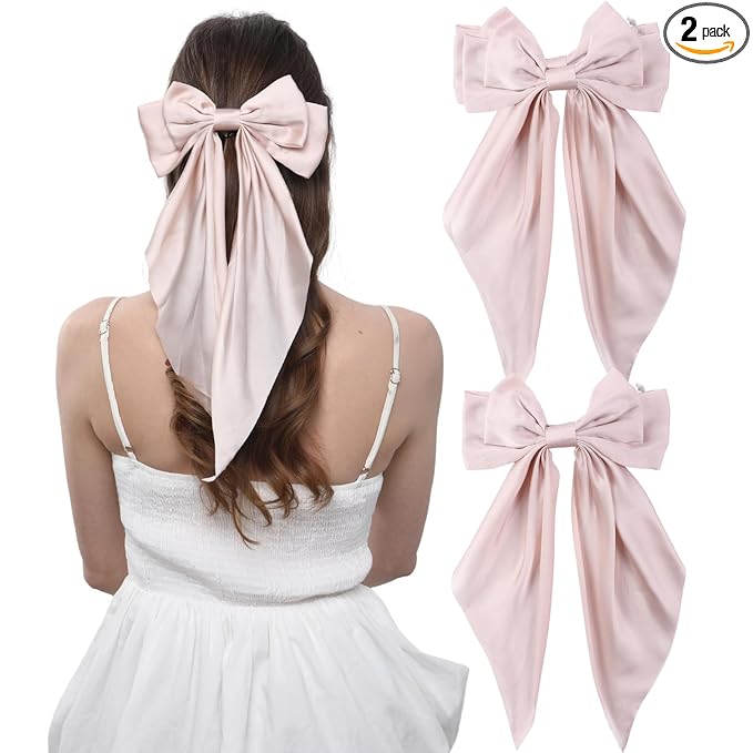 2PCS Big Hair Bow Clips for Women Girls Ã¢ÂÂ Rose Satin Ribbon Bow Barrettes with Long Tails, Large Romantic Hair Accessories for Ponytail, Wedding & Gift