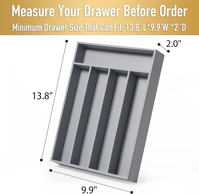 Besilord Bamboo Silverware Holder - Drawer Organizer with 5 Slots (Gray)