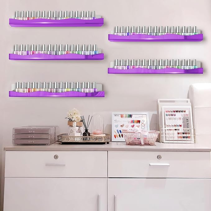 Wall-Mounted Nail Polish Organizer Rack - 15 Inch Purple Mirror Finish Nail Polish Shelf, Makeup & Beauty Essentials Storage - Multi-Purpose Display Holder for Small Space, Vanity Bathroom, 6 Pack