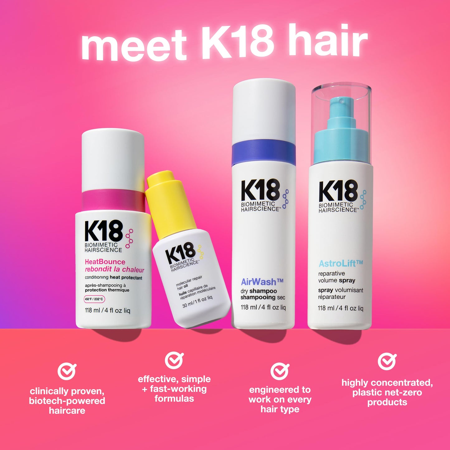 K18 HeatBounce Conditioning Heat Protectant Spray, Lightweight Leave-In Conditioner + 450℉ (232°C) Heat Protection, Soften, Smooth + Detangle All Hair Types, 4 Fl Oz Liq