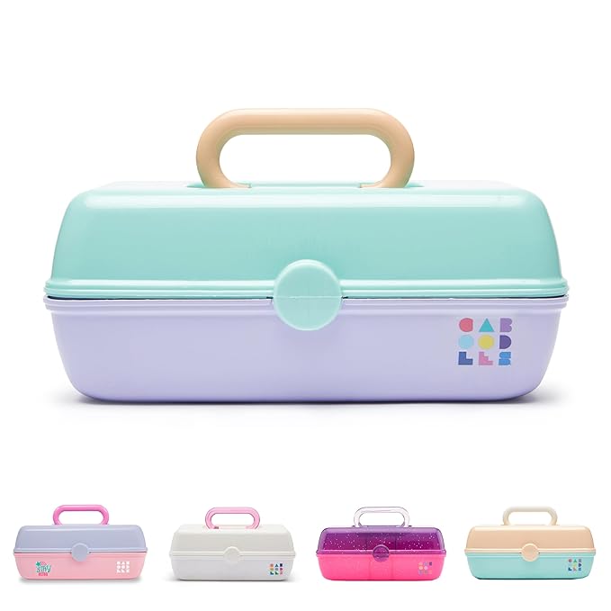 Caboodles Pretty in Petite Makeup Box, Two-Tone Seafoam on Lavender, Hard Plastic Organizer Box, 2 Swivel Trays, Fashion Mirror, Secure Latch for Safe Travel