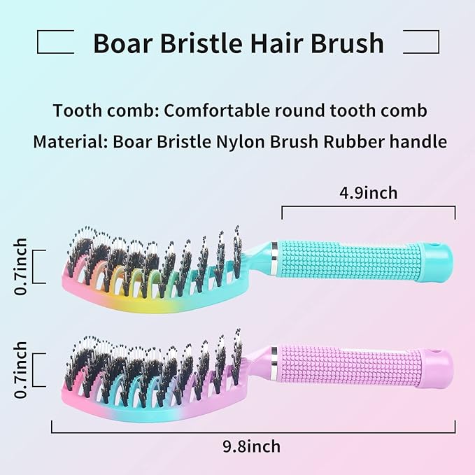 2 Pack Detangling Brush Getting Knots Out without Pain Adds Shine and Makes Hair Smooth,Detangler Boar Bristle Hair Brush for Adult & Kids Wet or Dry Hair(Green&Pink)