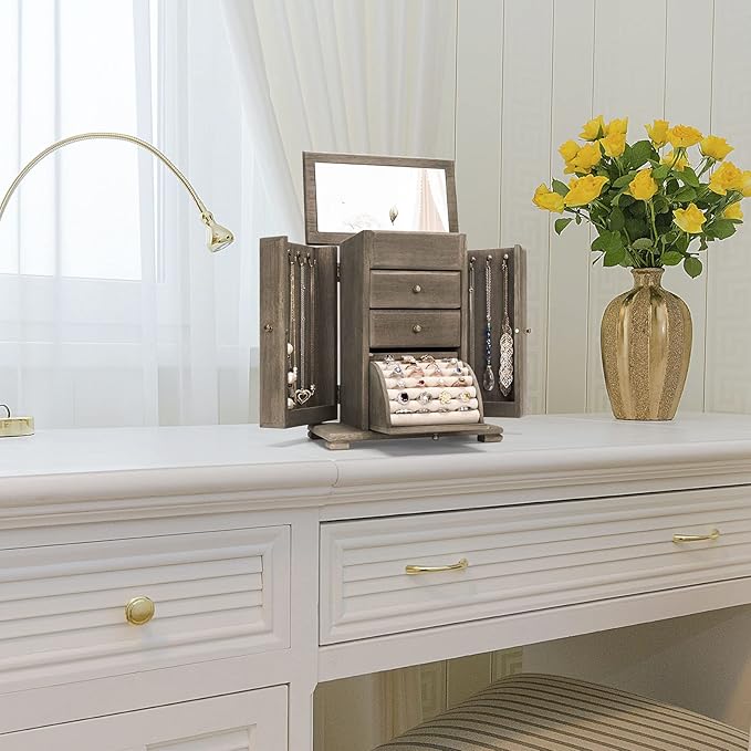 Emfogo Jewelry Box for Women, Rustic Wooden Jewelry Boxes & Organizers with Mirror, 4 Layer Jewelry Organizer Box Display for Rings Earrings Necklaces Bracelets (Weathered Gray)