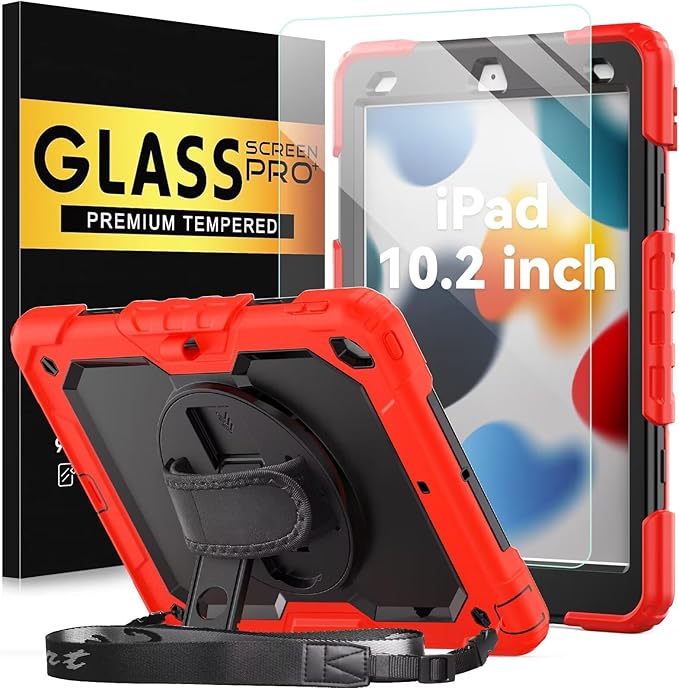 BLOSOMEET Case for iPad 9th Generation 8th Generation 2021 2020 10.2 Inch with Tempered Glass Screen Protector & Pencil Holder, Kids iPad 10.2 7th Gen Cover 2019 w/Stand Hand Shoulder Strap,Red