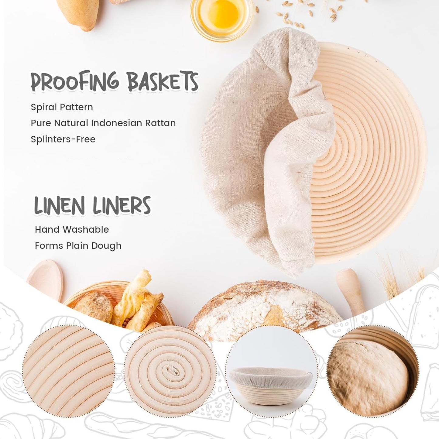 DOYOLLA Mini Bread Dough Proofing Basket & Liner (Set of 6, 5 inch), Sourdough Bread Bakery Bowls for Professional & Home Bakers