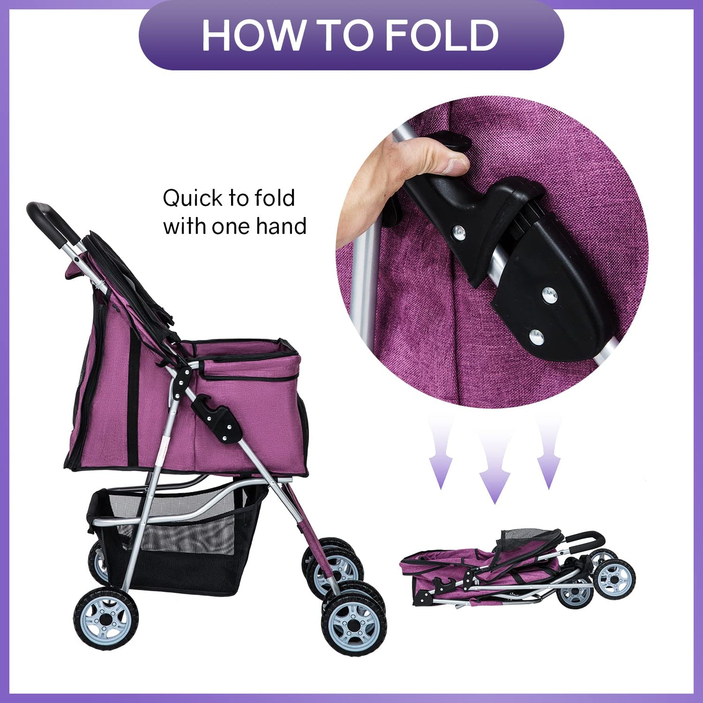 BestPet Pet Stroller Dog Cat Jogger Stroller for Medium Small Dogs Cats Folding Lightweight Travel Stroller with Cup Holder (Purple, 4 Wheels)