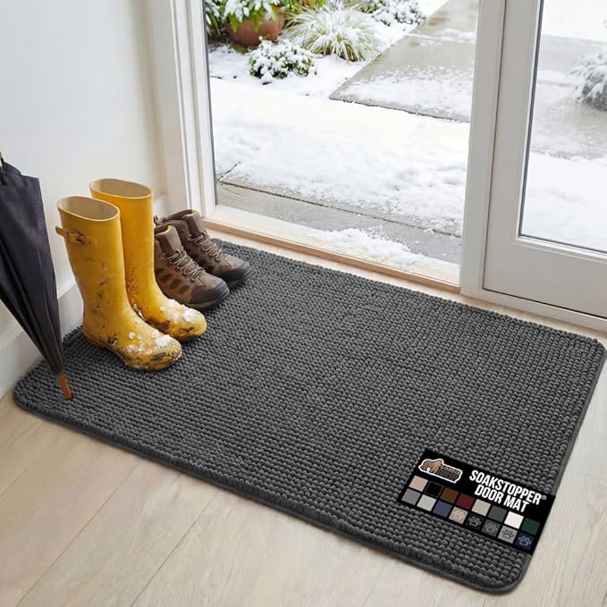 GORILLA GRIP SoakSTOPPER Dog Door Mat, 48x30 Machine Washable Rug Absorbent Doormat Captures Moisture Mud Dirt, Quick Dry Soft Chenille Entryway Rugs Indoor Entrance Mats for Dog Paws, Charcoal