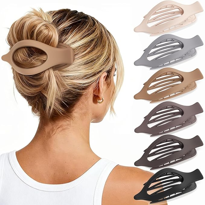 6 PCS Large Flat Hair Clips for Women Girls, French Concord Lay Down Flat Claw Clips for Thick Thin Hair, Comfortable Curved Hair Clip, Matte Non-slip Strong Hold Hair Accessories, Brown