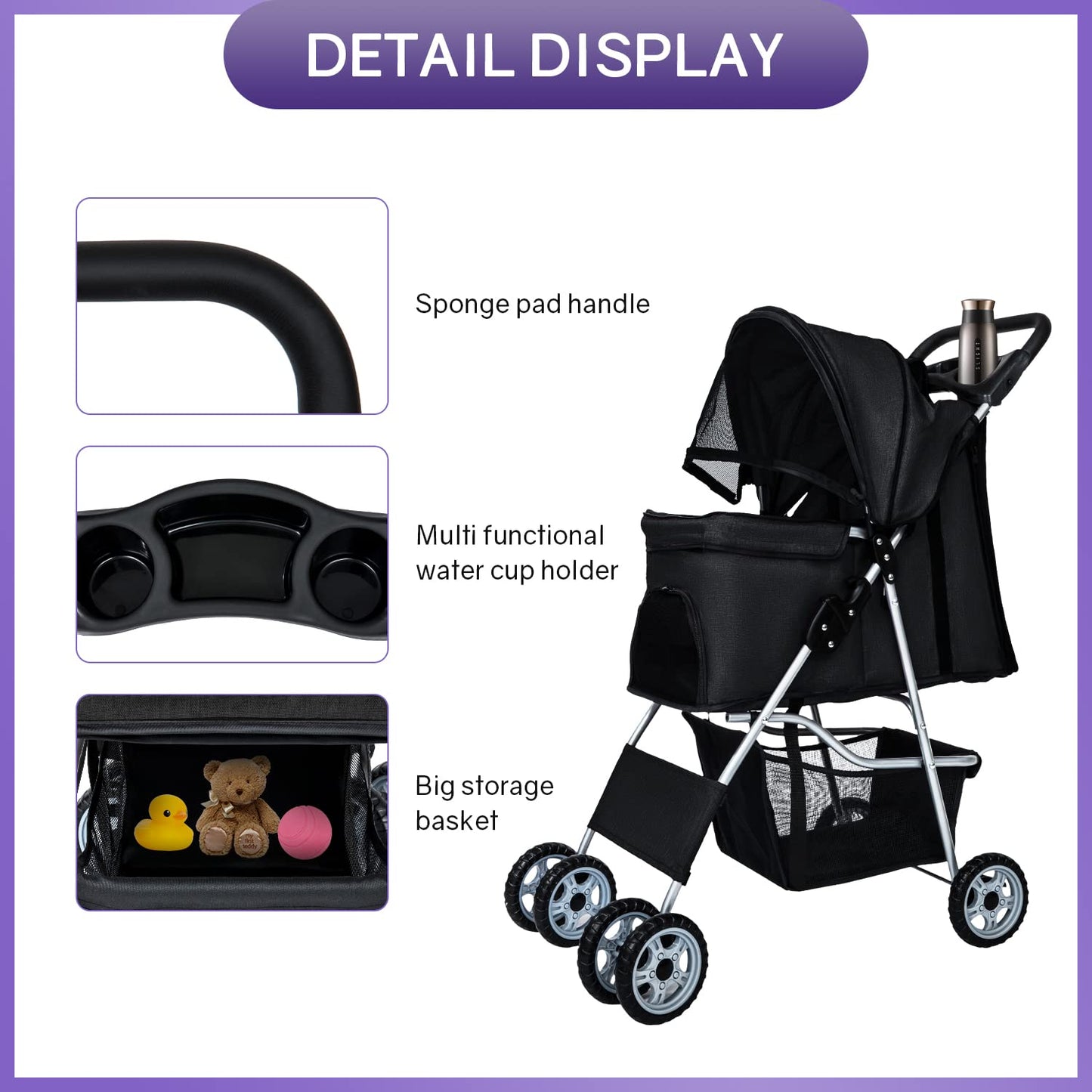 BestPet Pet Stroller Dog Cat Jogger Stroller for Medium Small Dogs Cats Folding Lightweight Travel Stroller with Cup Holder (Black, 4 Wheels)