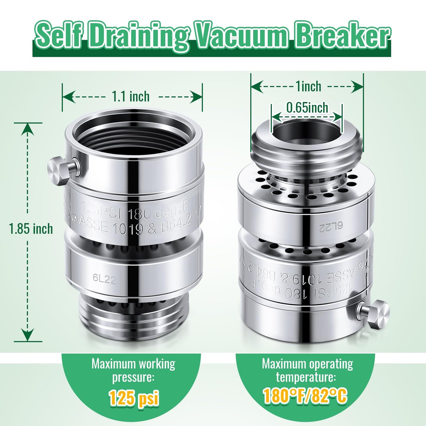 Dreyoo 1 Pack Self Draining Vacuum Breaker, Compatible with PK1390 Thread Vacuum Breaker, 1-1/16 Female to 3/4 GHT Male Hose Backflow Preventer with Sealing Tape and Rubber Gasket