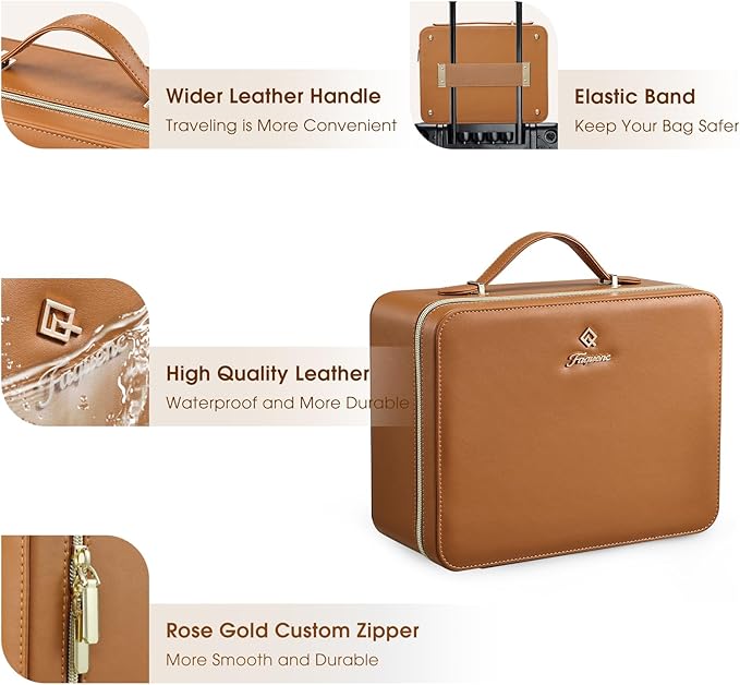Faquenc Leather Makeup Case with LED Lighted Mirror 11.4 Inch Travel Makeup Bag Adjustable Brightness in 3 Colors Cosmetic Organizer Artist Storage Bag with Dividers Brush Holder Bag Vanity Brown