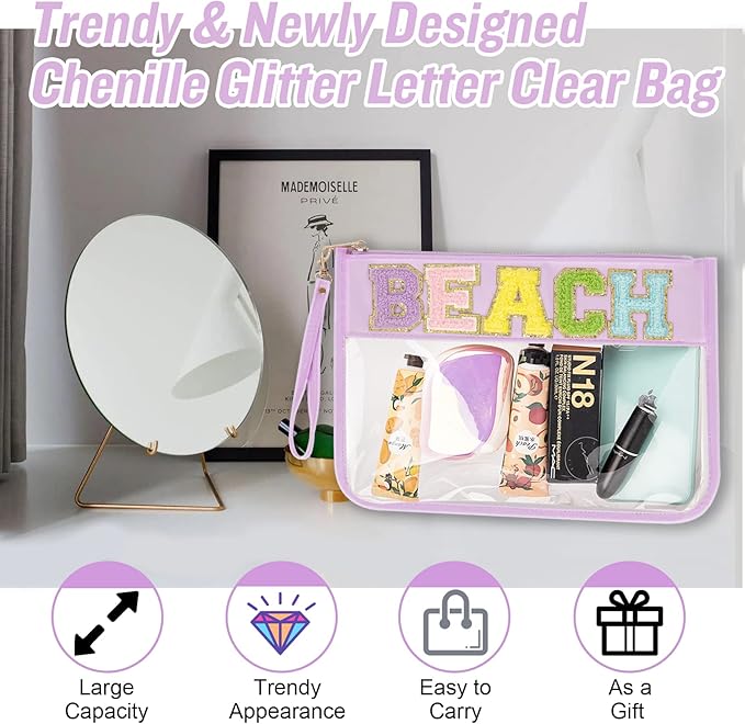 Chenille Letter Clear Bag Beach Purse with Wristlet, Monogram PVC & PU Clear Zipper Pouch, Waterproof Portable Glitter Snacks Makeup Beach Pouch Toiletry Bag for Women Girls (BEACH-Purple)