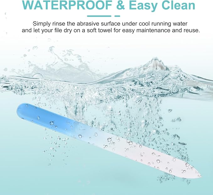 HARFINGTON Glass Nail File Kit 280 Grit Double Sided Professional Manicure Crystal Fingernail Files with Case for Natural Nail Art Shine Polishing Buffer, Light Blue