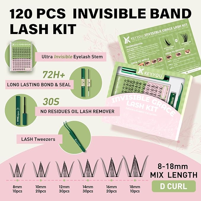 KEYYOU Fairy Lash Clusters Kit Snow Lotus Lash Extension Kit D Curl 120Pcs Eyelash Extension Wispy Natural Invisible Band with Waterproof DIY at Home(Snow Lotus-D-8-18MIX)