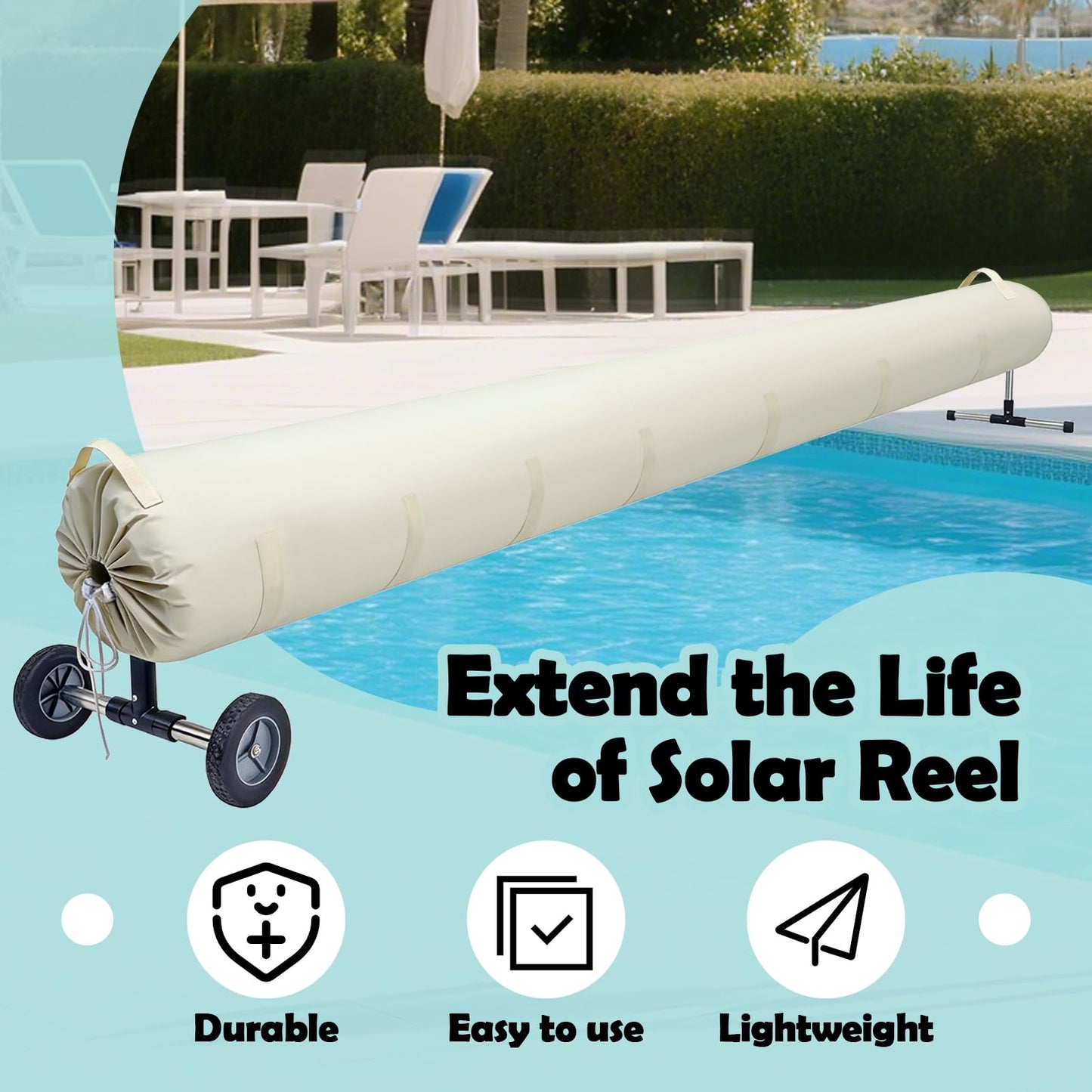 UCEDER Pool Solar Reel Cover with Adjustable Strap, Waterproof Cover for Solar Blanket, 420D Heavy Duty Swimming Solar Reel Storage for Above Ground & Inground Pool (Beige,18 FT)
