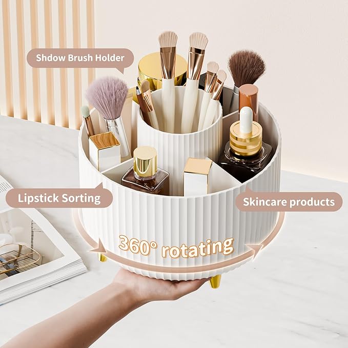 360° Rotate Makeup Brush Holder Organizer, Makeup Organizers Countertop, Makeup organization and Skincare Storage for Vanity, Desktop, Bathroom (White-1)