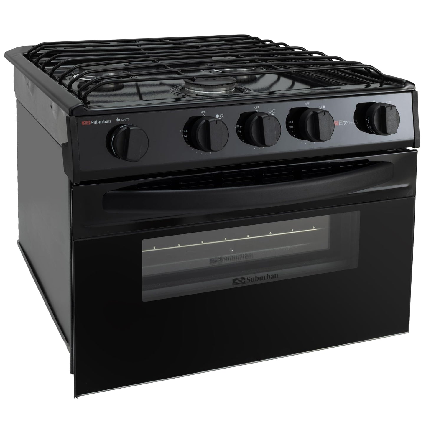 RecPro Suburban RV 17" Black 3 Burner Propane Range with Gas Oven | 9000 BTU Front Burner | Dual 6500 BTU Rear Burners | Piezo Ignition | Compact Built-In Range for RVs and Campers