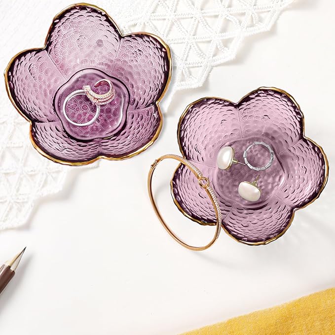 Gifts for Women Purple Flower Jewelry Dish Glass Ring Holder Decorative Jewelry Tray Cute Vanity Room Decor Aesthetic Nightstand Bathroom Decor Trinket Dish Friendship Birthday Christmas Gifts (2pcs)