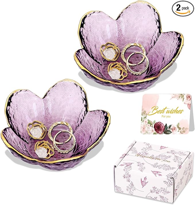 Gifts for Women Purple Flower Jewelry Dish Glass Ring Holder Decorative Jewelry Tray Cute Vanity Room Decor Aesthetic Nightstand Bathroom Decor Trinket Dish Friendship Birthday Christmas Gifts (2pcs)