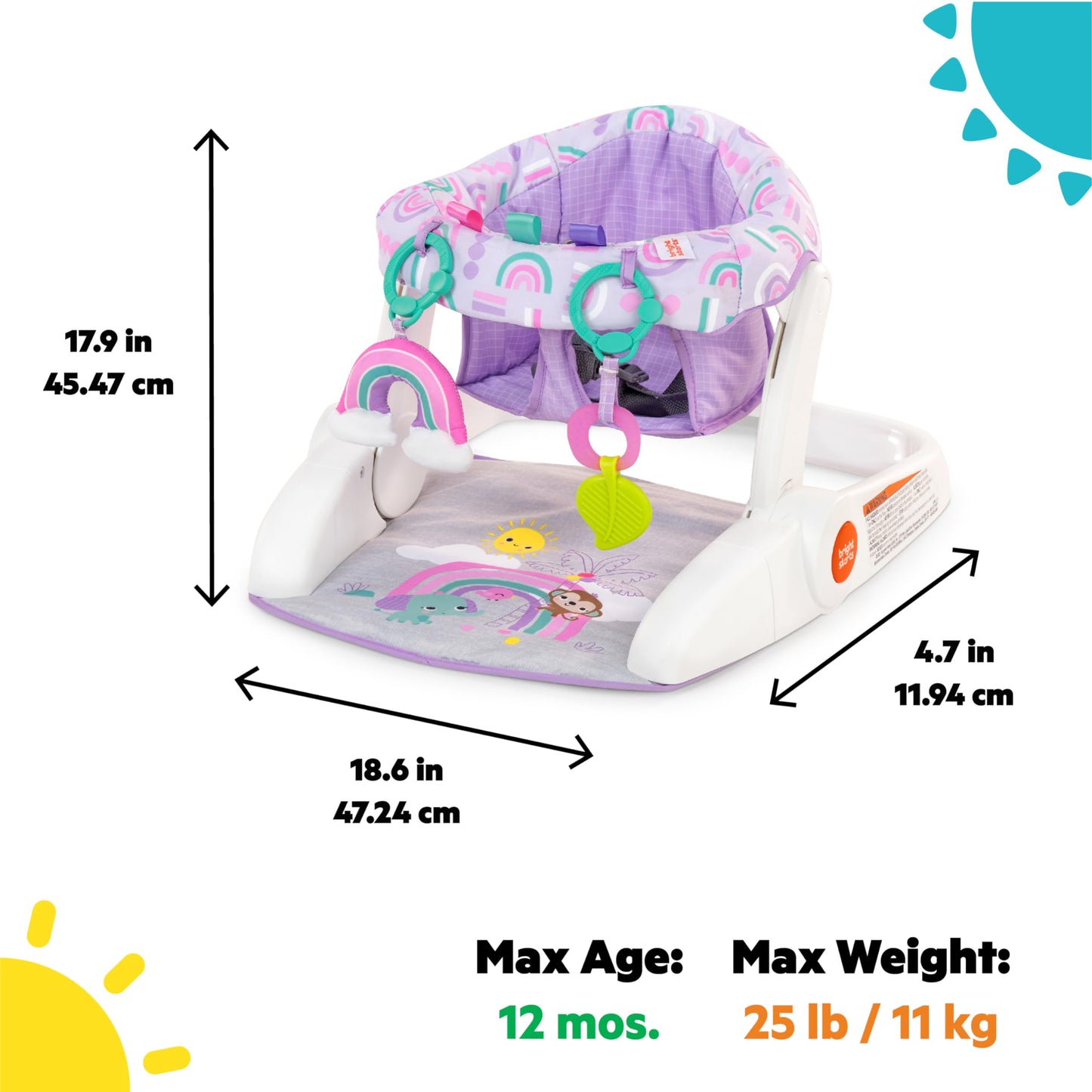 Bright Starts Learn-to-Sit Baby Floor Seat, 2-Positions Grow with Infant, Portable Baby Chair, Includes Sensory Toys, Unisex, 4-12 Months, Purple Paradise