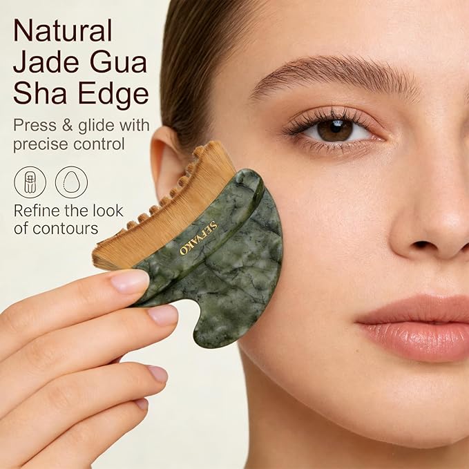 Lymphatic Contour Face Brush Set with Gua Sha Face Oil, Dual-Ended Dry Brush+Jade Gua Sha Edge, 0.075mm Ultra-Soft Bristles Gua Sha Facial Tools, for Lymphatic Drainage, De-Puff, Sculpt, Smooth & Glow