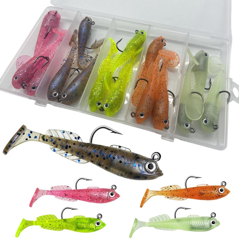 DAMIDEL 15Pcs Pre-Rigged Jig Head Soft Mini Fishing Lures，2.5"/0.25oz Paddle Tail Swimbaits/3D Eyes,Ice Fishing Jigs Lures Kit,Fishing Bait for Bass,Pike, Bluegill and Sunfish Freshwater Saltwater