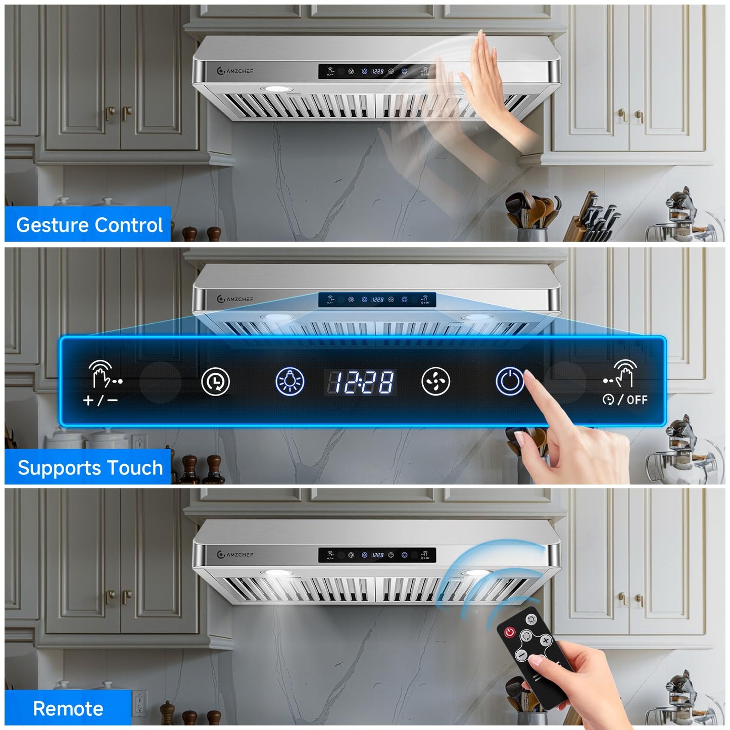 AMZCHEF 30" Under Cabinet Range Hood with Dual Fans System-1050CFM Ultra-Powerful Ventilation,3 Speed Stainless Steel Kitchen Hood with Touch/Remote/Gesture Control, Timer & LED Lights, Baffle Filters