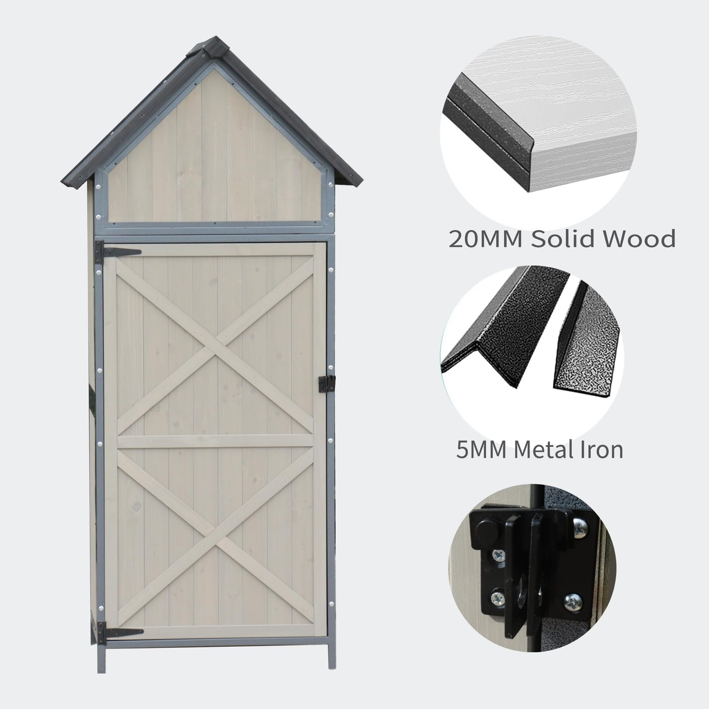 Outdoor Storage Shed with Floor, 68" Tall Wooden Garden Tool Cabinet, Metal-Framed Outdoor Tool Shed with Adjustable Shelves, Vertical Storage for Yard and Patio
