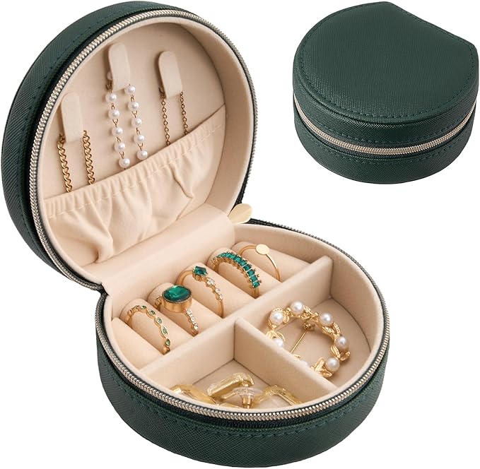ProCase Travel Size Jewelry Box, Mini Portable Seashell-Shaped Jewelry Case, 2 Layer Organizer in PU Leather for Women -Emerald