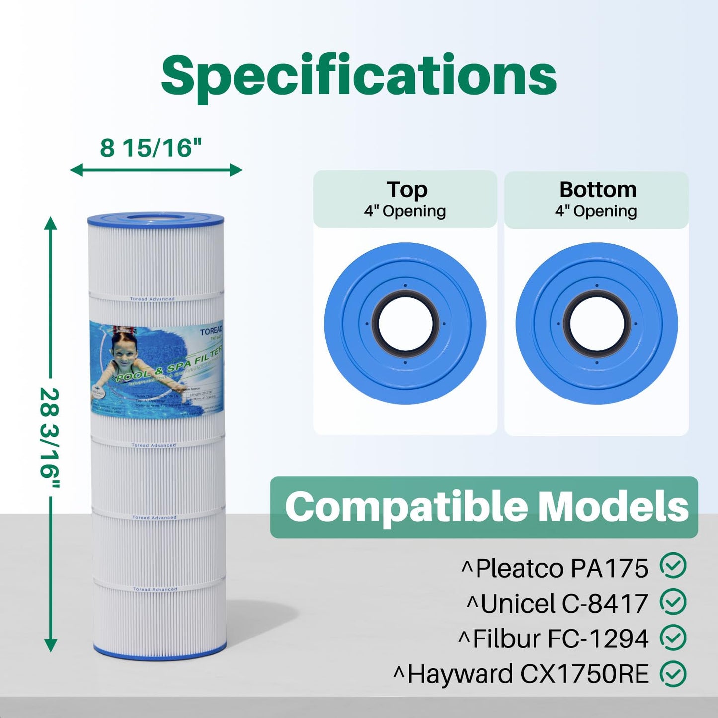 TOREAD Pool Replacement Filter for PA175, Hayward CX1750RE, C1750, Unicel C-8417, Filbur FC-1294, 25230-0175S, 817-0175P, Aladdin 27501, L x OD: 28 3/16" x8 15/16"