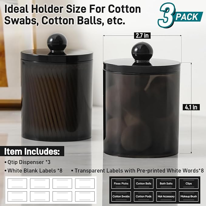 3 Pack Acrylic Qtip Holder Dispenser for Cotton Swabs, Balls, Pads, Floss Picks- Clear Plastic Canister Apothecary Jar Set, Bathroom Essentials Accessories Decor Vanity Makeup Storage Organizer -Black