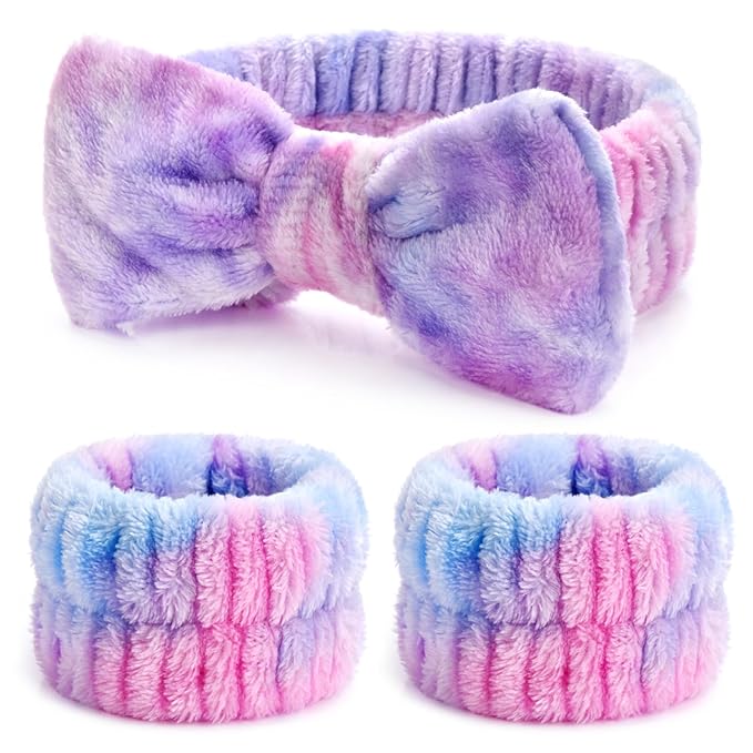 3PCS Spa Headband and Wristbands Set for Women, Soft Microfiber Face Wash Headband with Cute Bow, Elastic Absorbent Wrist Towels, Makeup Skincare Accessories for Facial, Shower, Yoga