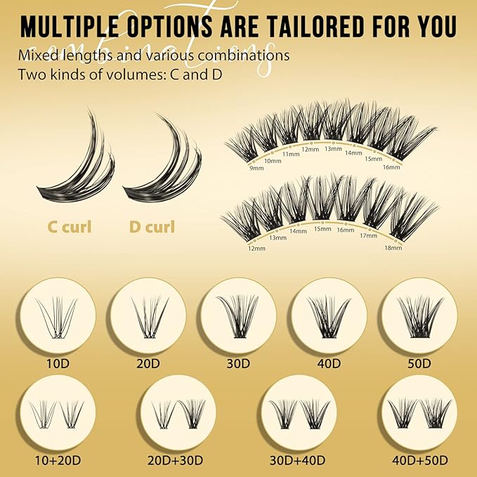 QUEWEL Lash Clusters 320Pcs Cluster Lashes 40D+50D C Curl Lash Cluster Eyelash Extensions Mix12-18mm Individual Eyelashes Clusters Wispy Lash Clusters Thin Band Soft to Use at Home(40D+50D C Mix12-18)