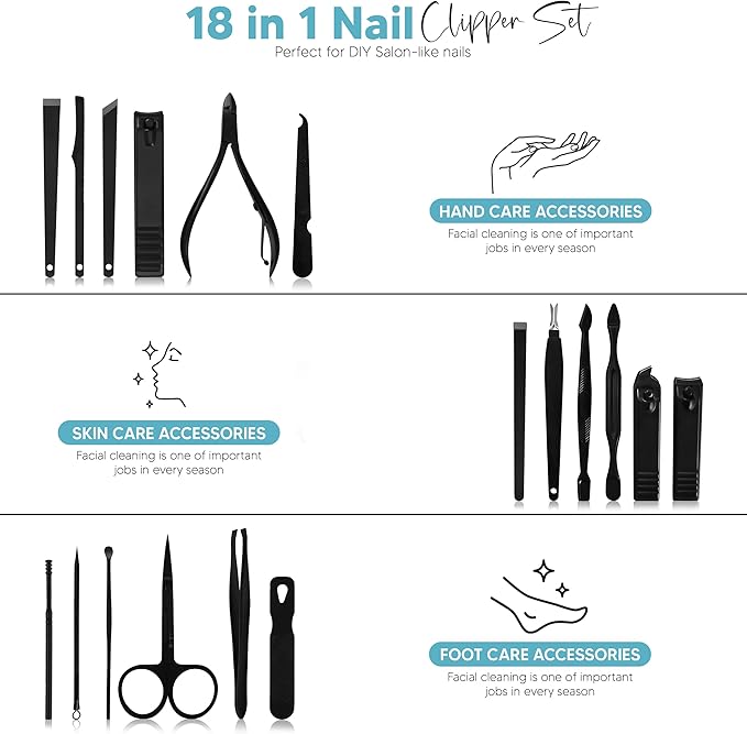 Utopia Care - Manicure Kit for Women and Men, Manicure Set with Nail Clippers or Nail Kit Includes Fingernail & Toenail Clippers,18-Pcs Pedicure Kit Stocking Stuffers with Travel Case - Black