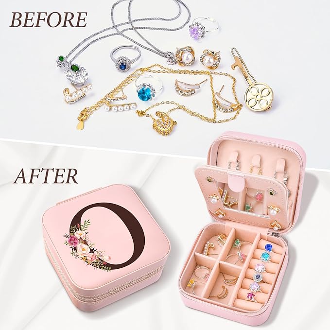 Travel Jewelry Case Box Organizer, Personalized Gifts for Women Wife Mom Aunt, Mothers Day Mom Gifts from Daughter Son, Bridal Shower Giftware for Women, Bridesmaid Proposal Unique Presents, Initial O